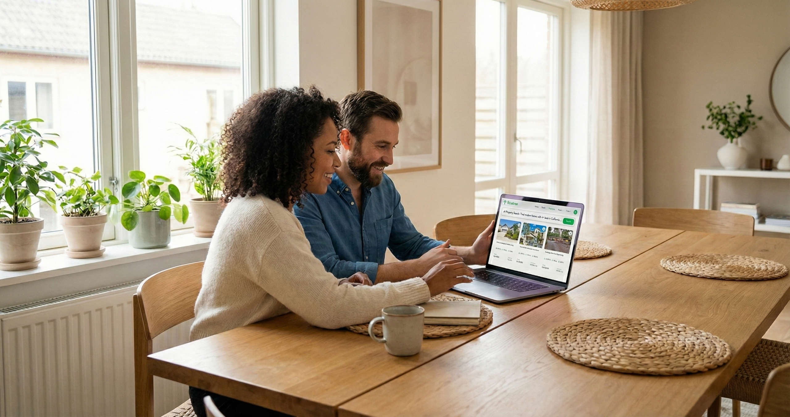 Couple reviewing home options together using an emotionally intelligent real estate platform that guides buyers with clarity